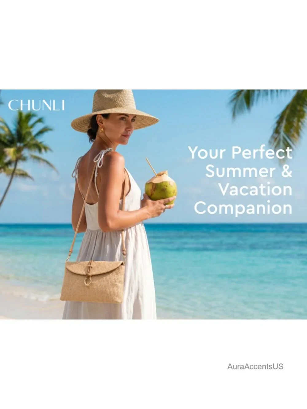 Woven Straw Clutch Bag, Raffia Crossbody Handbag with Detachable Strap, Boho